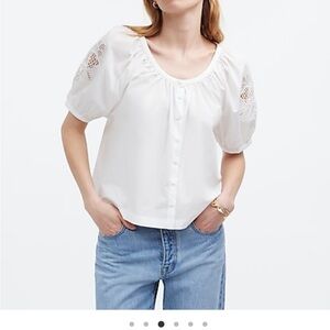 *NWT* Madewell Embroidered Puff Sleeve A-line top in poplin, size L